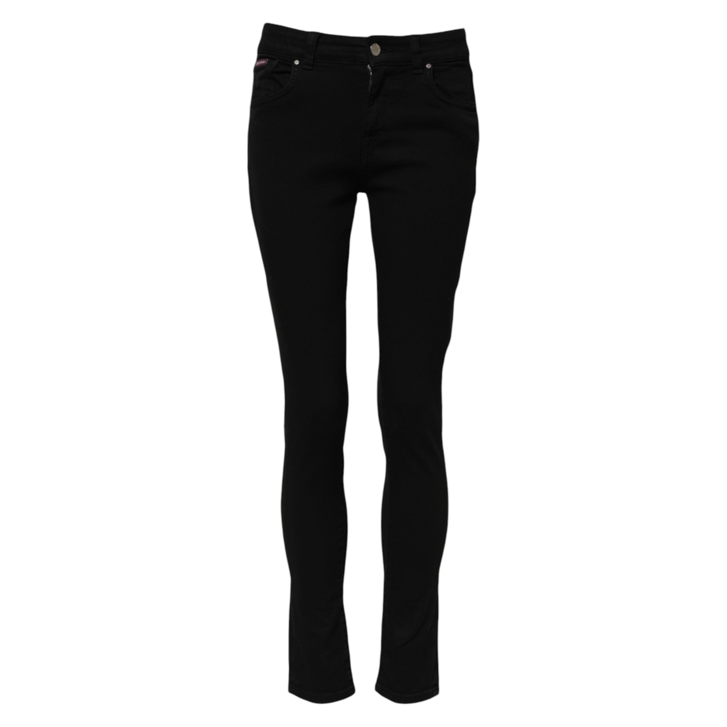 Jeans skinny en coton noir de Dolce & Gabbana, taille mi-haute, coupe ajustée, vue en gros plan sur le tissu et la coupe.