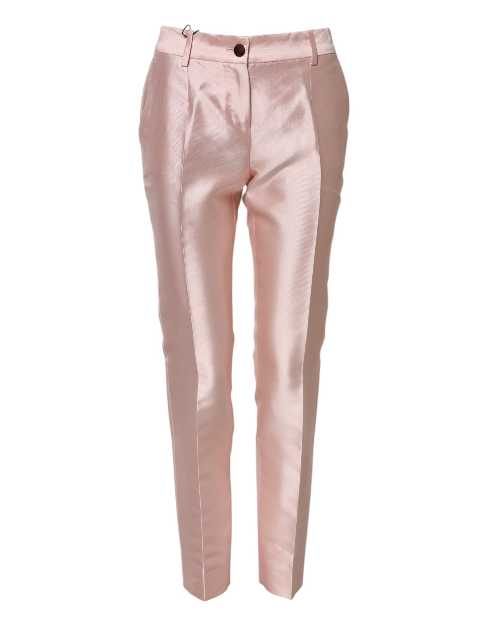 Pantalons en satin rose à taille haute et coupe tapered de Dolce & Gabbana, élégants et sophistiqués.