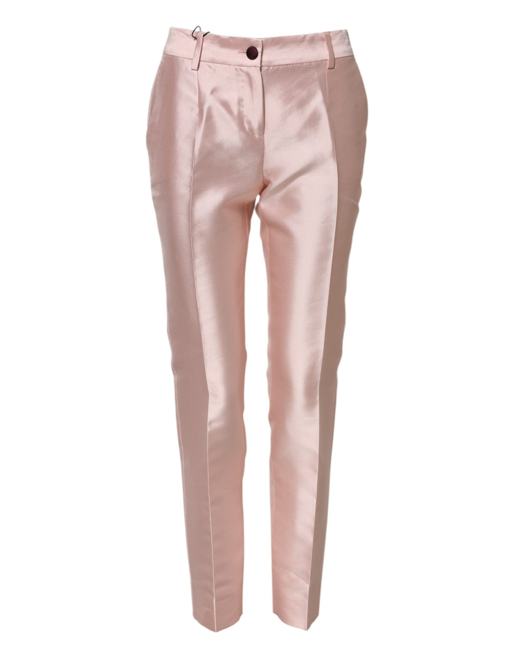 Pantalon en satin rose à taille haute et coupe tapered par Dolce & Gabbana, vue en gros plan sur le tissu et la ceinture.