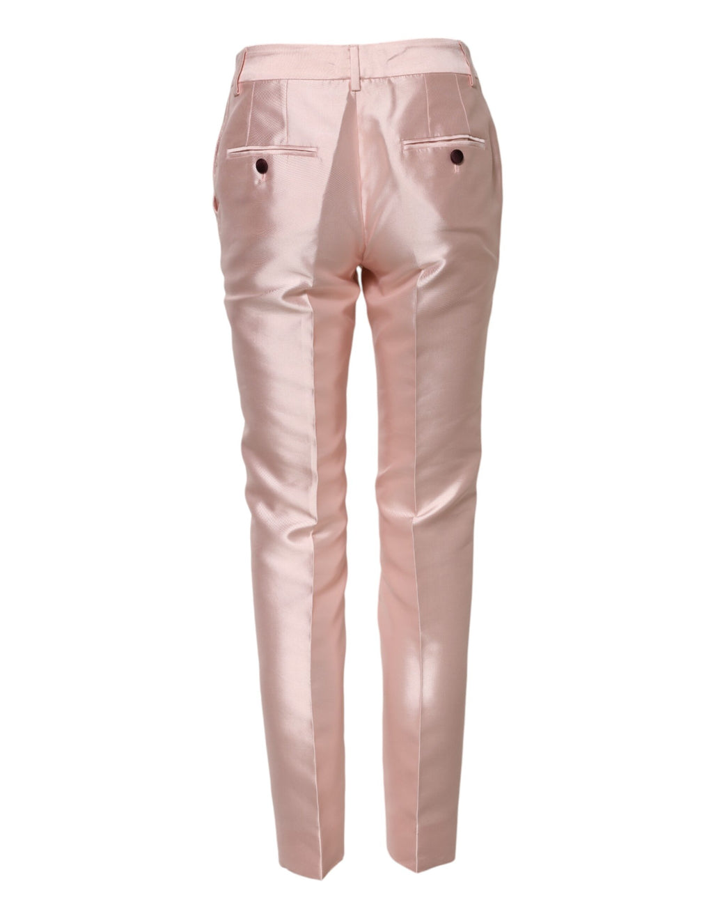 Pantalon en satin rose à taille haute et coupe tapered de Dolce & Gabbana, vue de face.