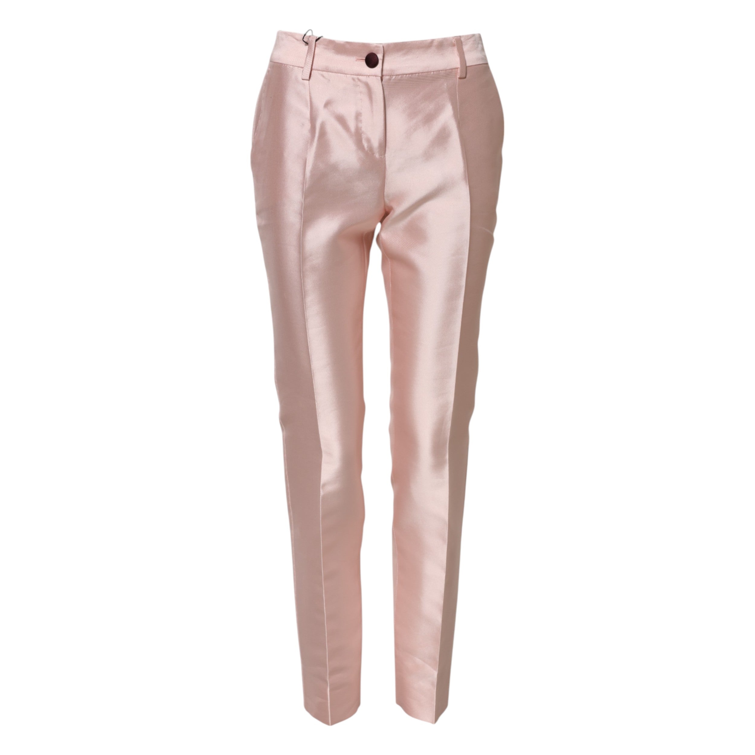 Pantalons en satin rose à taille haute et coupe tapered de Dolce & Gabbana, élégants et sophistiqués.