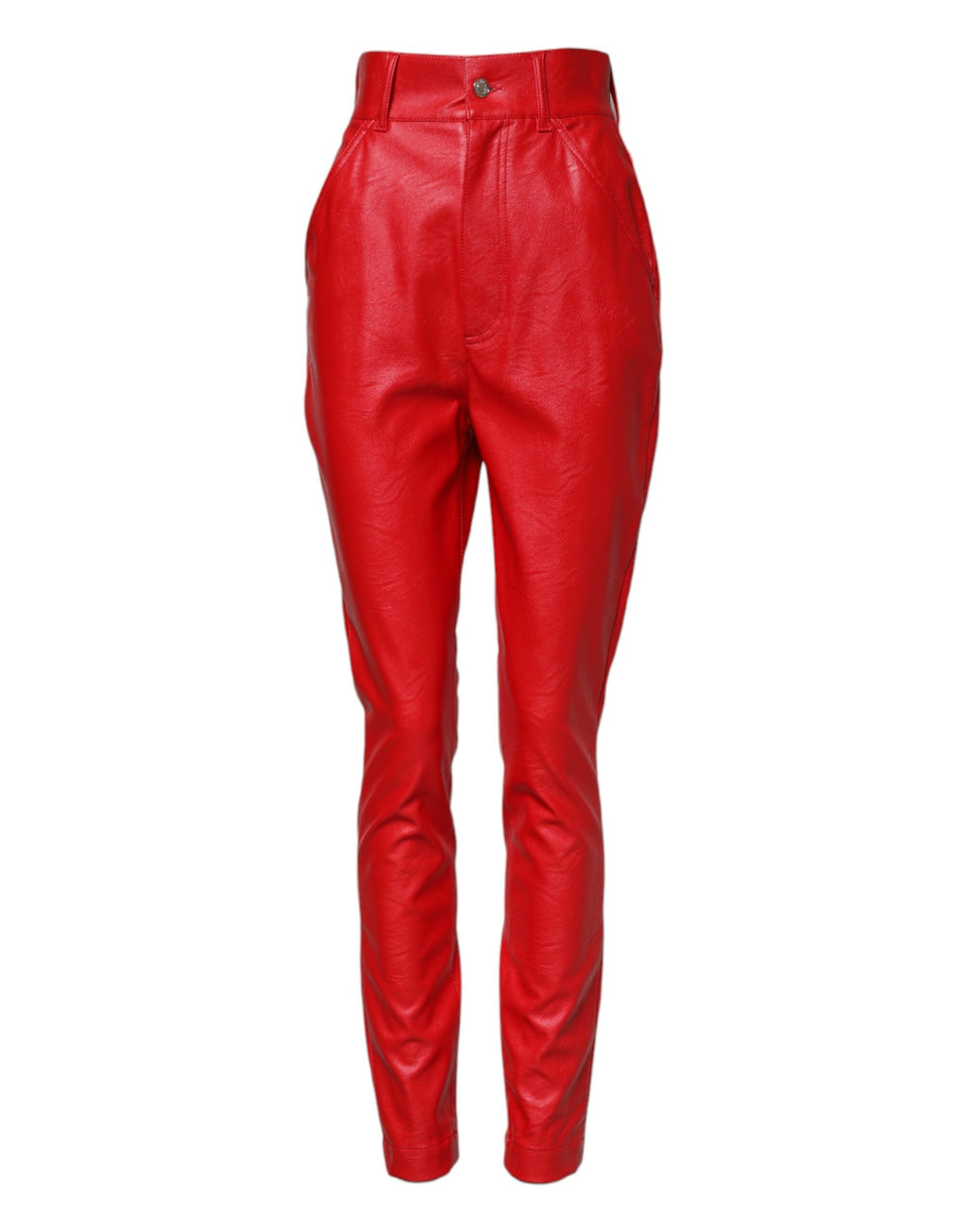 Pantalon rouge en viscose Dolce & Gabbana avec taille haute et coupe tapered, visible sur le mannequin.