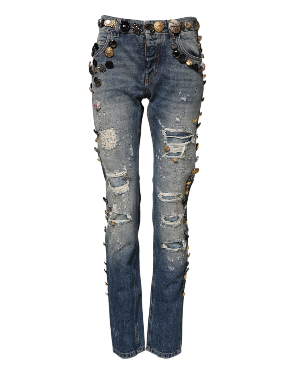 Jeans skinny délavés Dolce & Gabbana bleu avec embellissements et déchirures, style tattered, en denim.