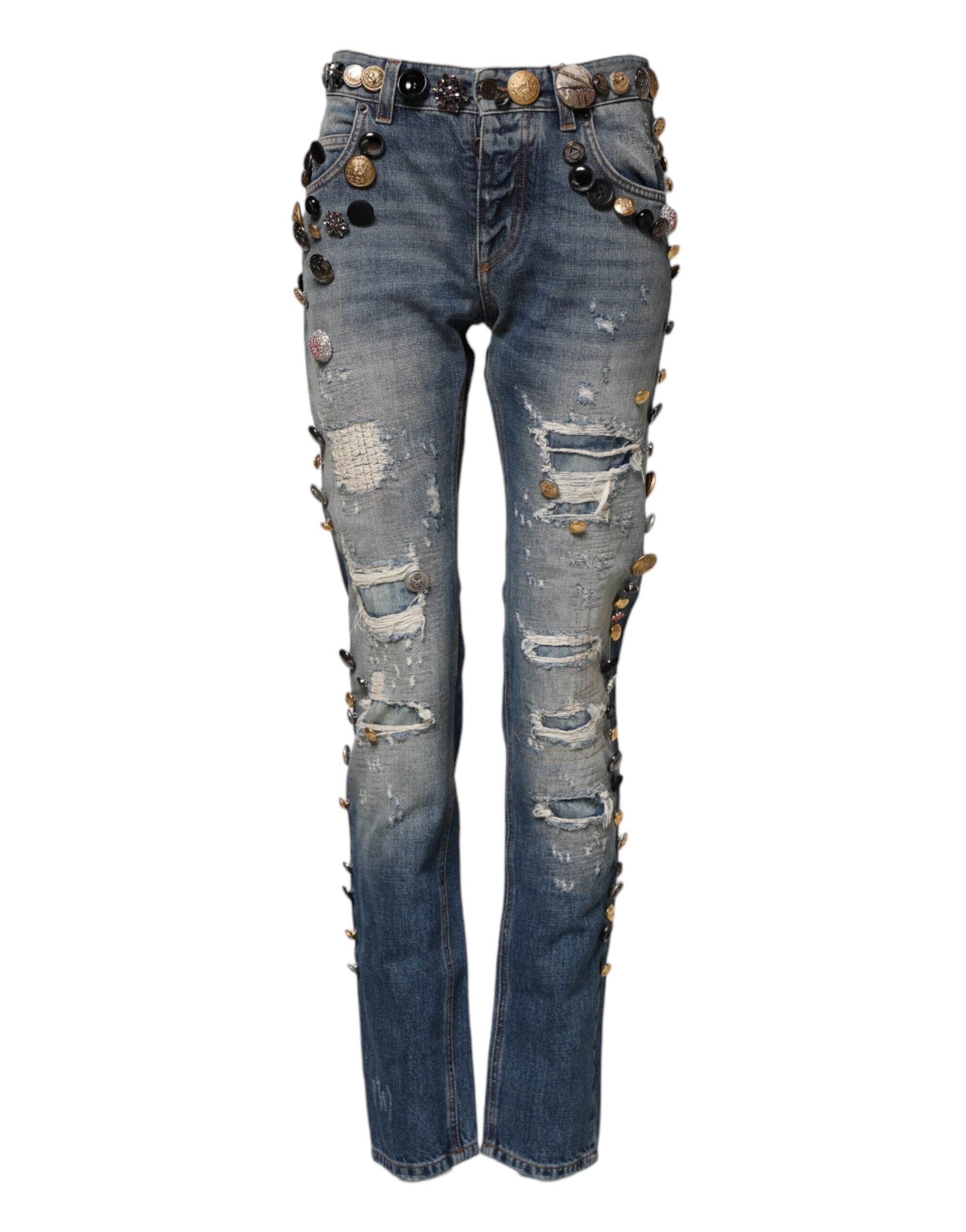 Jeans skinny Dolce & Gabbana bleu avec embellissements et déchirures, en denim tattered et ajusté.