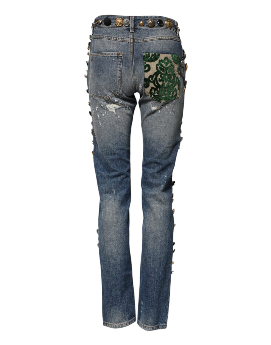 Jeans skinny en denim bleu Dolce & Gabbana avec embellissements et déchirures, style tattered, pour un look tendance.