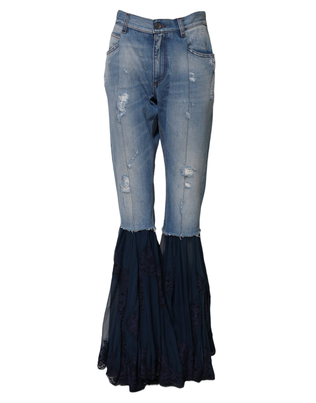 Jeans en denim bleu Dolce & Gabbana à taille haute et coupe évasée, en coton avec détails modernes.