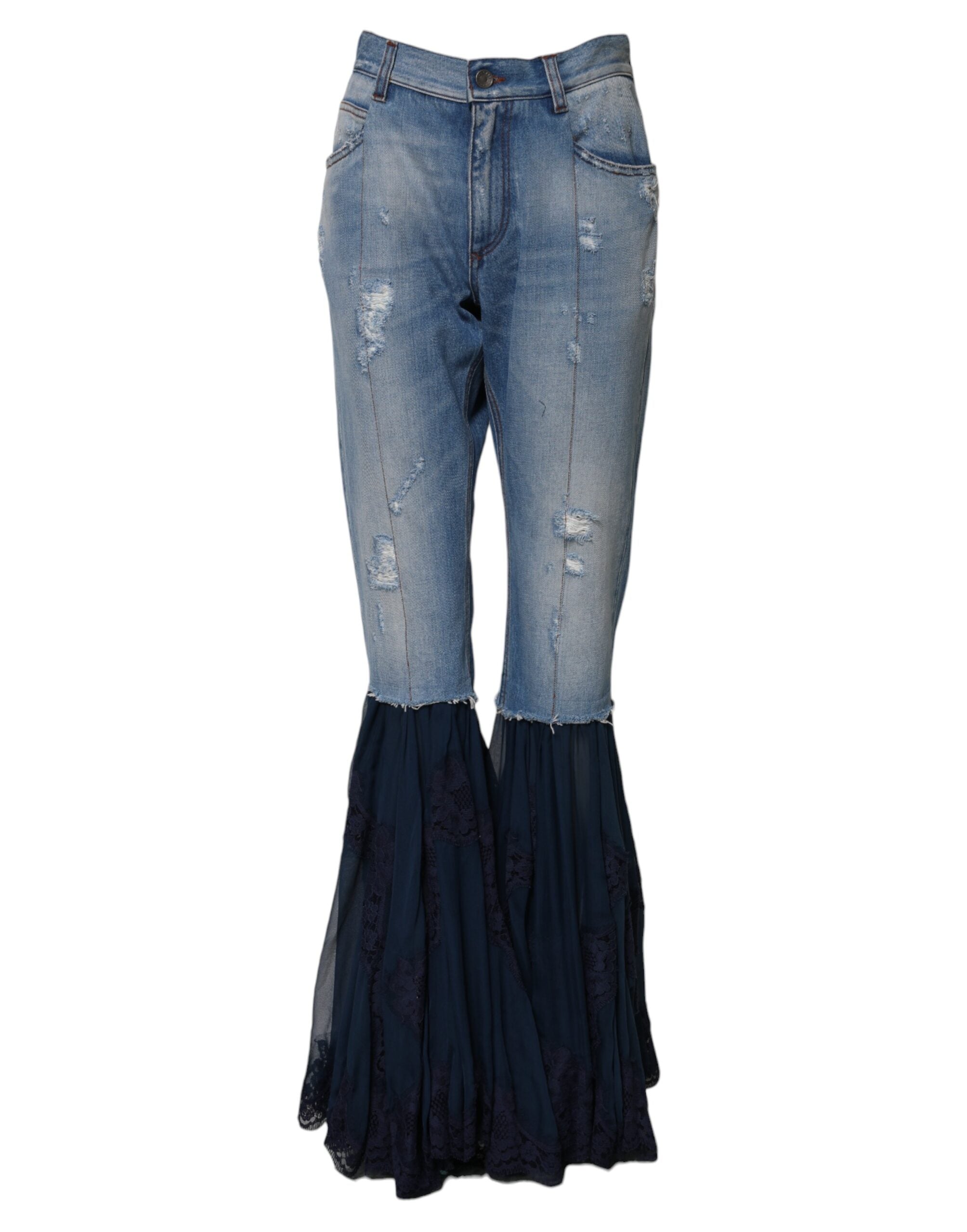 Jeans en denim bleu Dolce & Gabbana à taille haute et coupe évasée, en coton avec détails modernes.