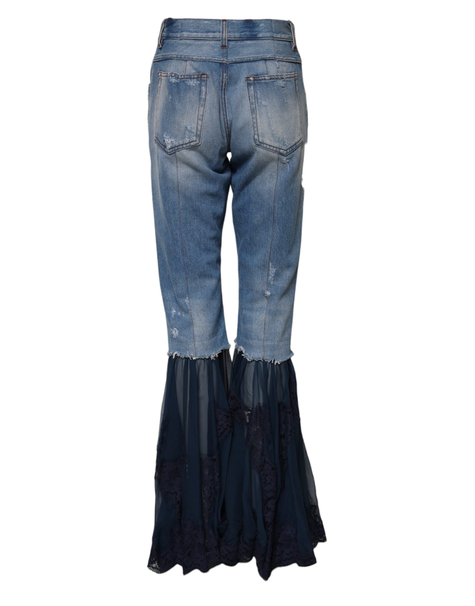 Jeans en denim bleu à taille haute et coupe évasée de Dolce & Gabbana, en coton, sur mannequin.