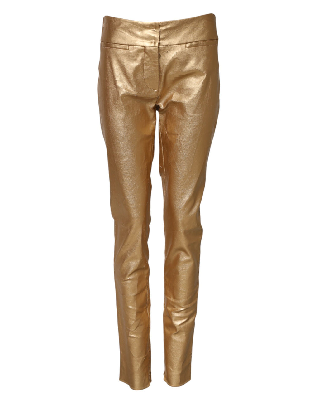 Pantalon skinny taille haute en or métallisé de Dolce & Gabbana, coupe ajustée, matière brillante et élégante.