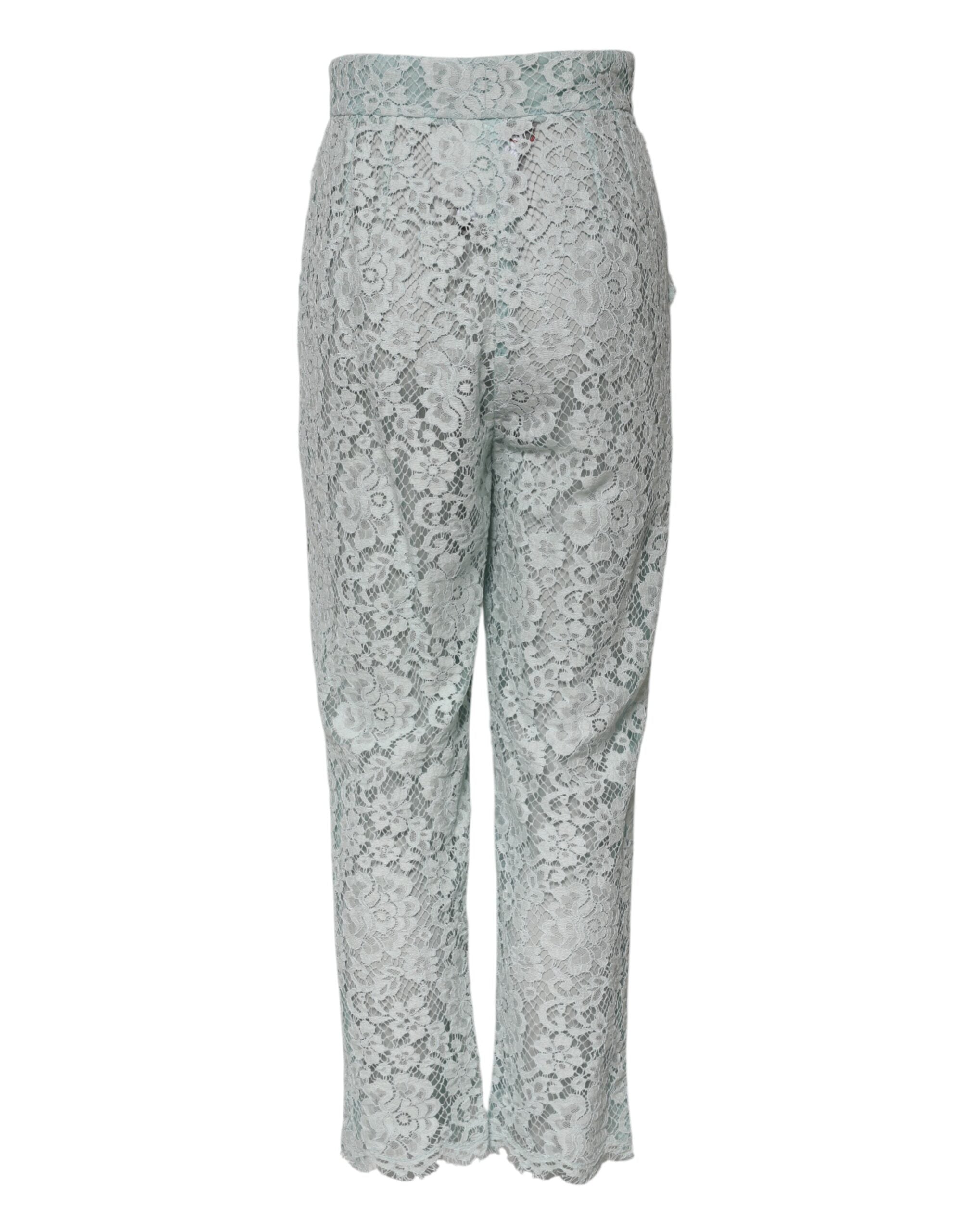 Pantalons Dolce & Gabbana en coton vert menthe avec broderie florale en dentelle, style élégant et léger pour femme.