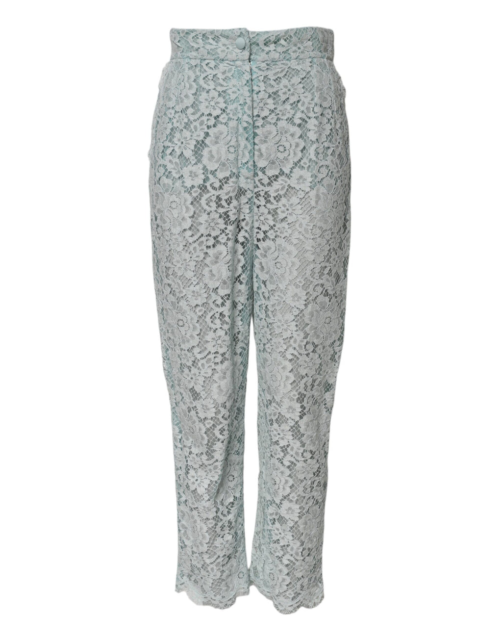 Pantalons en coton vert menthe avec broderie florale en dentelle signée Dolce & Gabbana, vue de face.