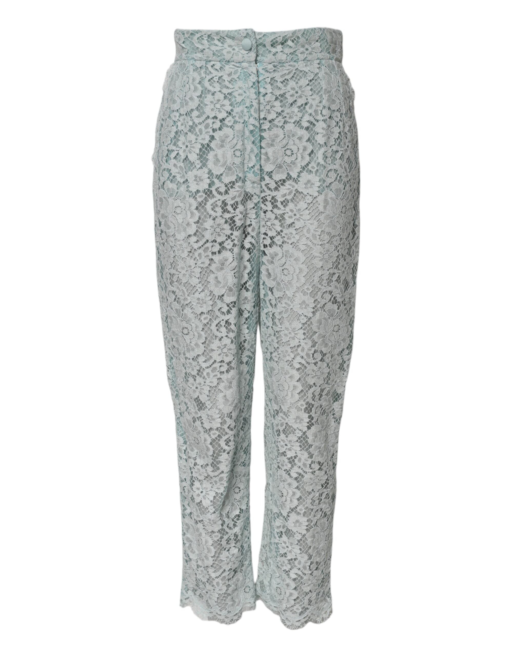 Pantalons en coton vert menthe avec broderie florale en dentelle signée Dolce & Gabbana, vue de face.