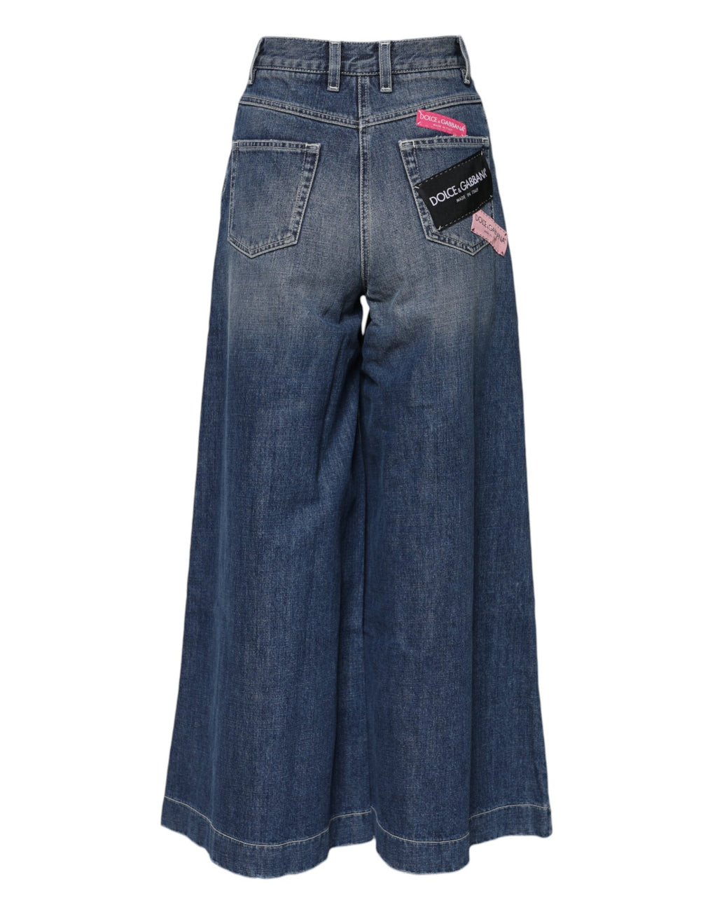 Jeans en denim bleu Dolce & Gabbana, taille haute et jambes larges, en coton avec détails élégants.