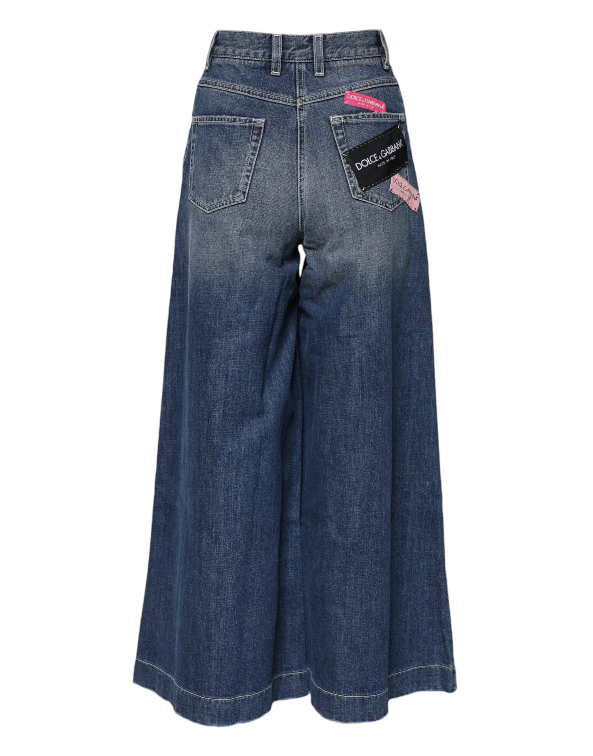Jeans en denim bleu Dolce & Gabbana, taille haute et jambes larges, en coton avec détails élégants.