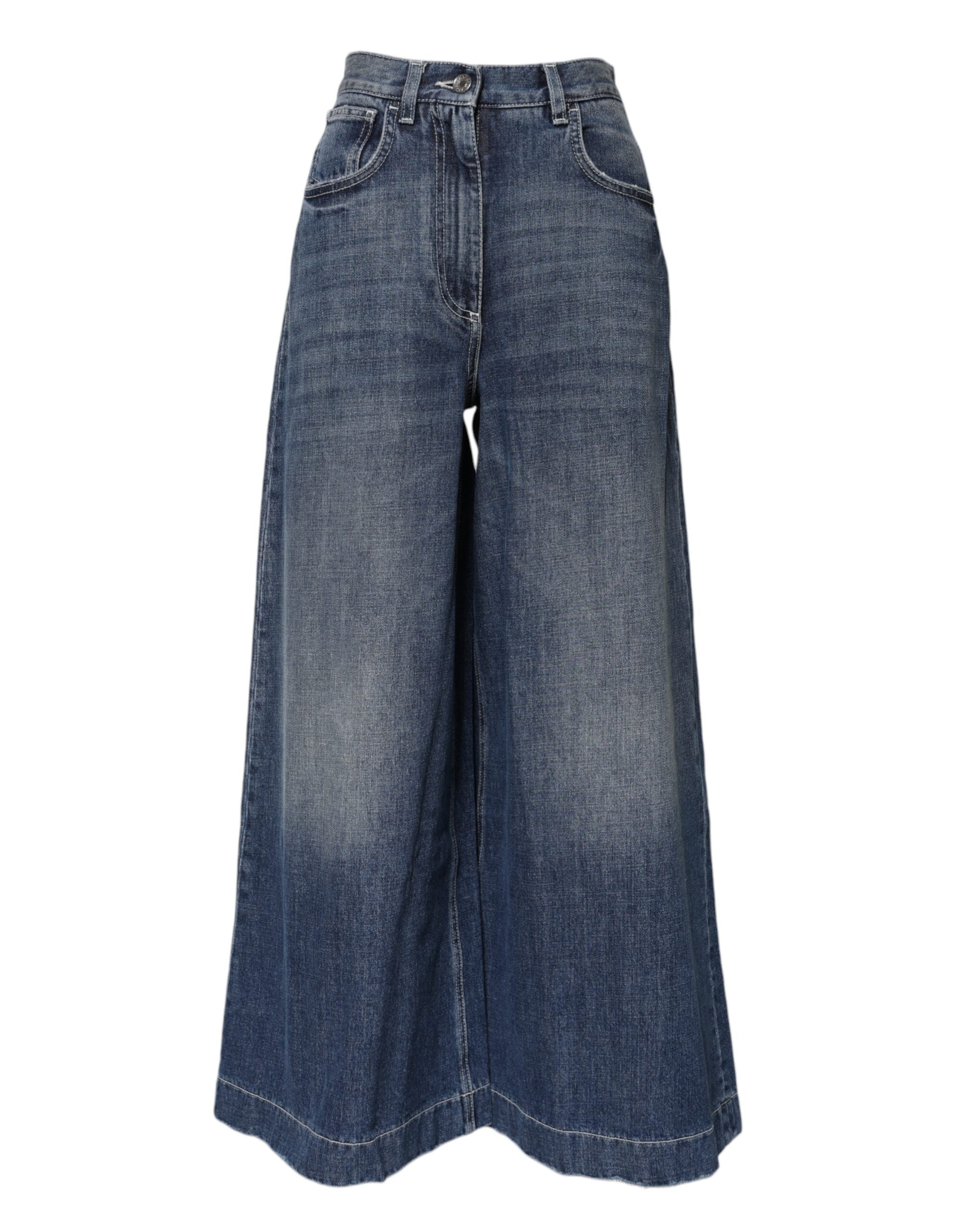 Jeans en denim bleu Dolce & Gabbana, taille haute et jambes larges, en coton, avec coutures visibles et coupe tendance.