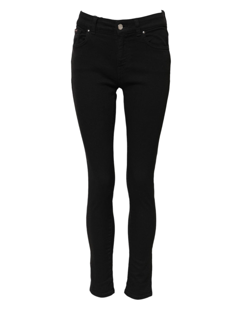 Jeans skinny en coton noir Dolce & Gabbana avec logo, taille mi-haute, visibles détails de couture et coupe ajustée.