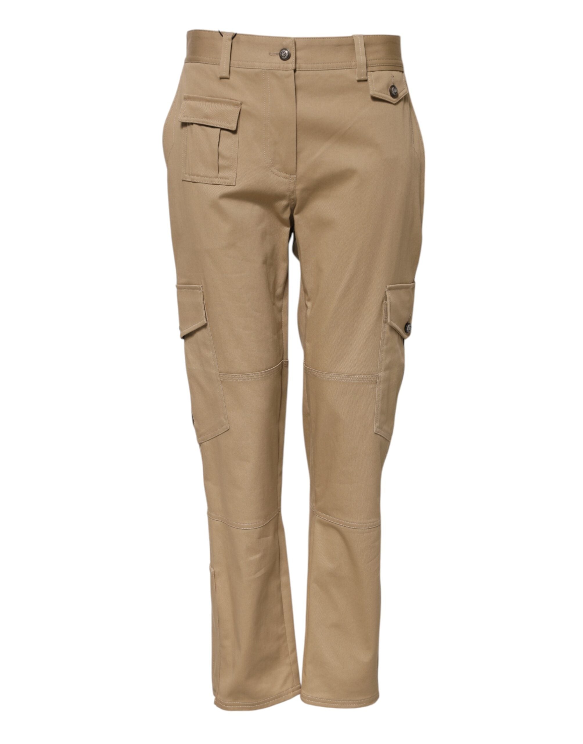 Pantalons cargo beige à taille moyenne Dolce & Gabbana, coupe tapered, avec poches et détails tendance visible sur l'image.