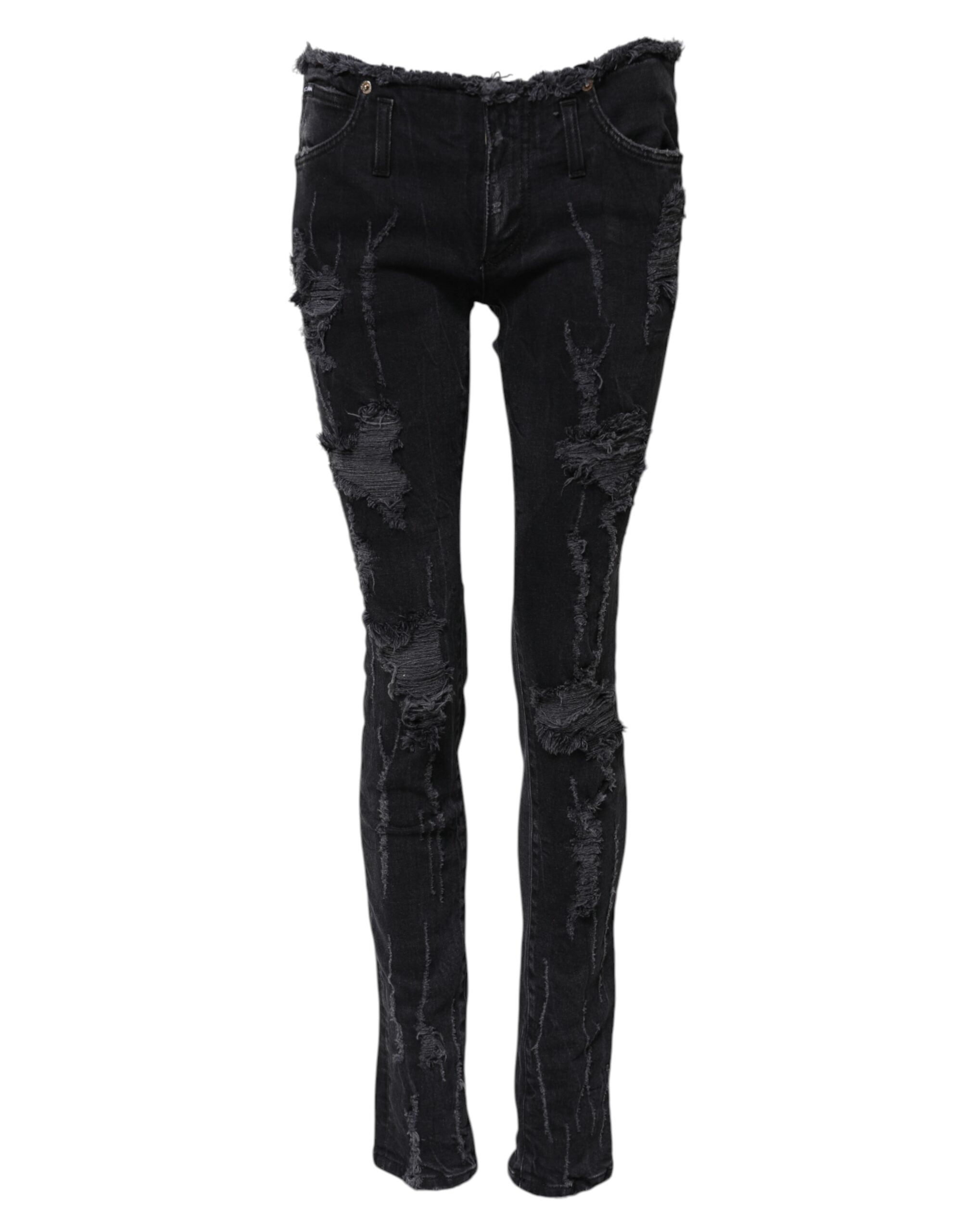 Jeans skinny en denim noir tâcheté en coton Dolce & Gabbana, déchirés et ajustés, visibles avec détails usés et finitions tendance.