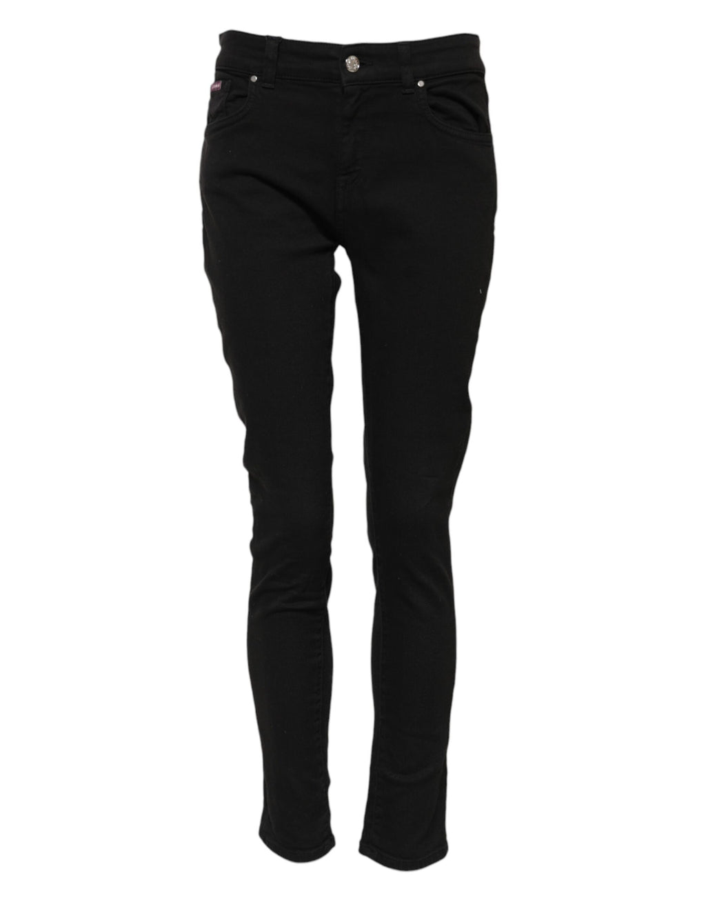 Jean en denim noir Dolce & Gabbana, coupe skinny, taille mi-haute, en coton avec détails classiques, visible sur le modèle.