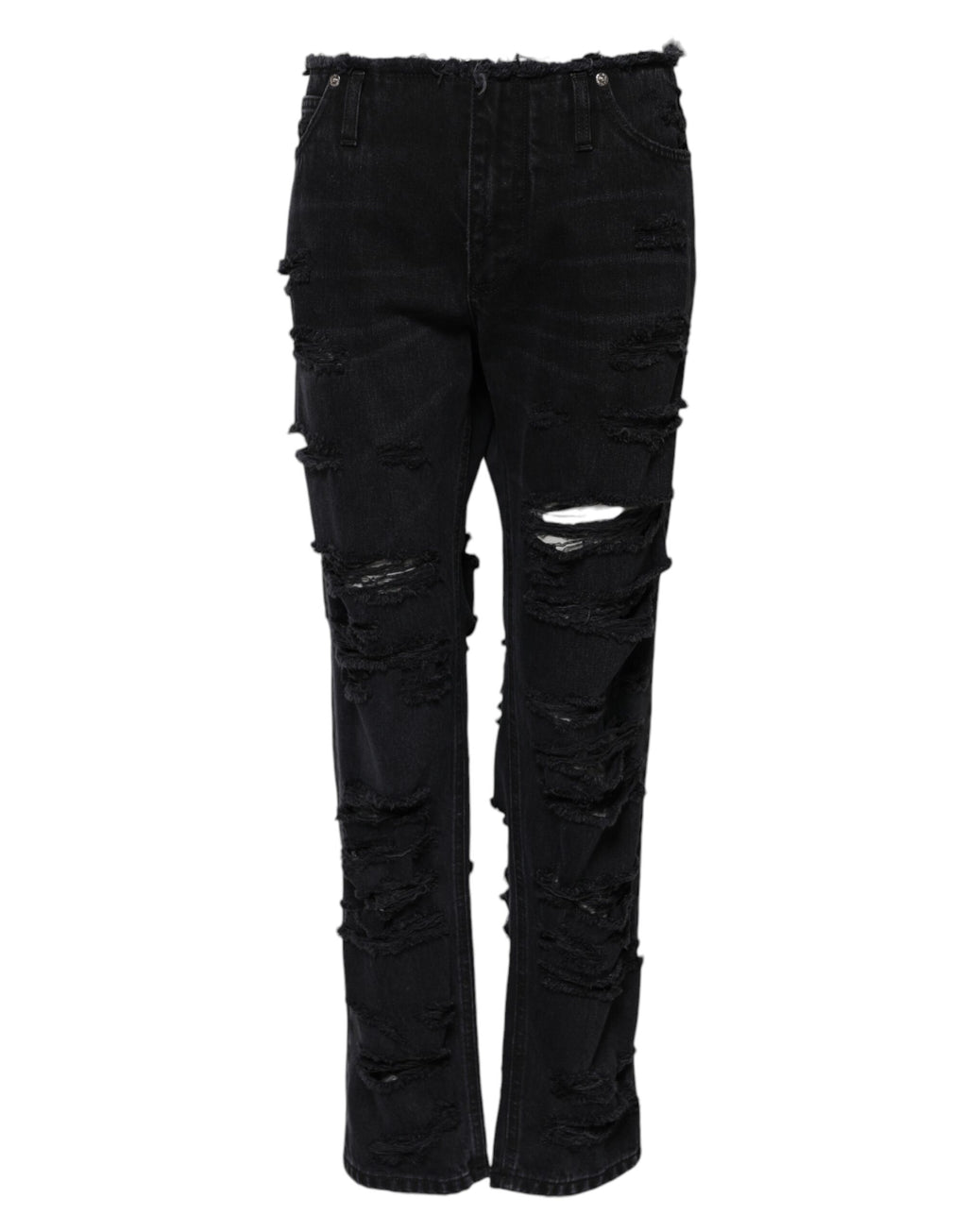 Jeans en denim noir Dolce & Gabbana, coupe déchirée, taille mi-haute, détails usés visibles sur l'image.