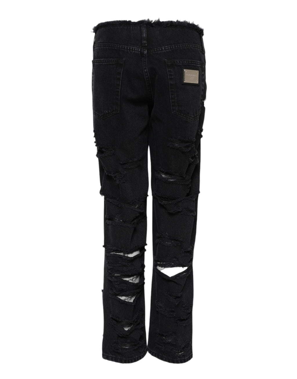 Jeans en denim noir Dolce & Gabbana, déchirés, taille mi-hauteur, style décontracté, visible en gros plan.
