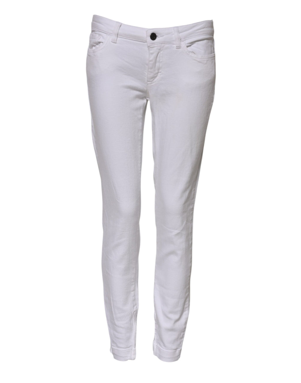 Jeans skinny en denim blanc à taille basse de Dolce & Gabbana, coupe ajustée et détails classiques visibles sur l'image.
