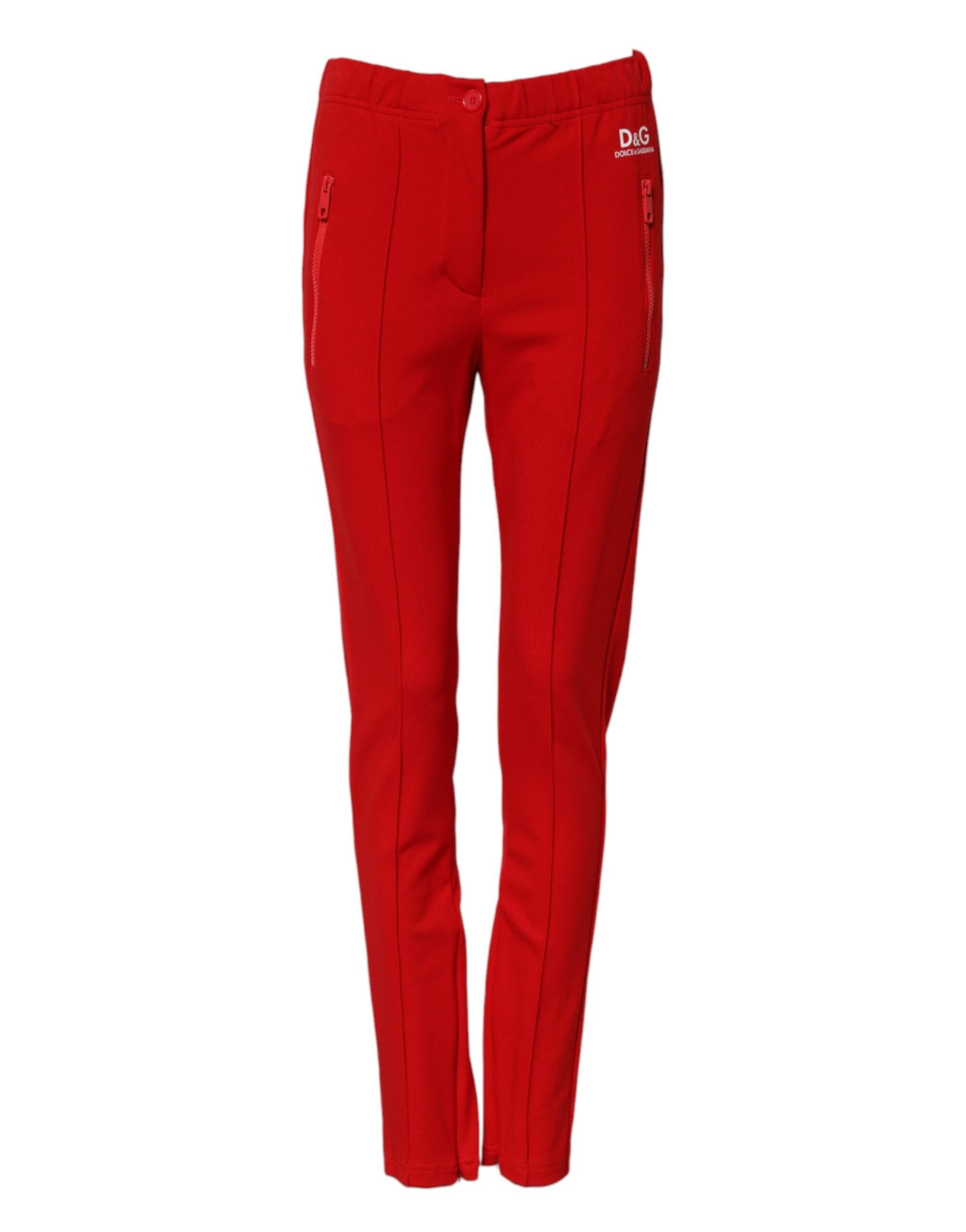 Pantalons rouges Dolce & Gabbana taille moyenne et coupe slim, détails en tissu élégant, vue de face sur le pantalon.