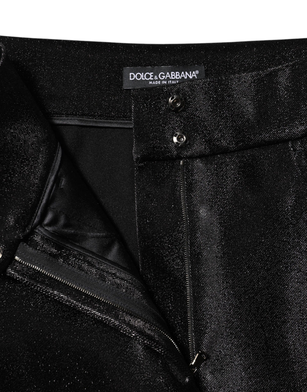 Pantalons skinny en coton stretch noir avec fil lurex Dolce & Gabbana, vue de face.