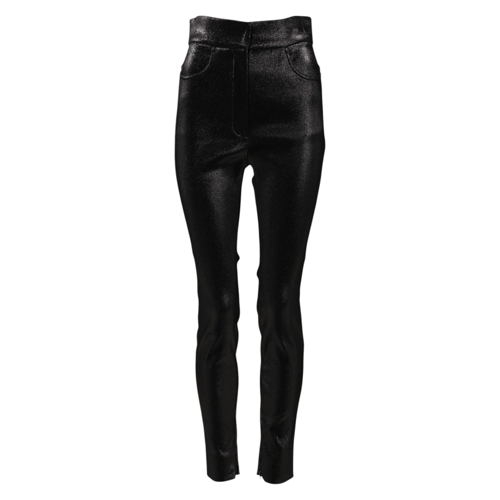 Pantalons skinny en coton stretch noir avec fil lurex de Dolce & Gabbana, détail élégant et texture brillante visible.