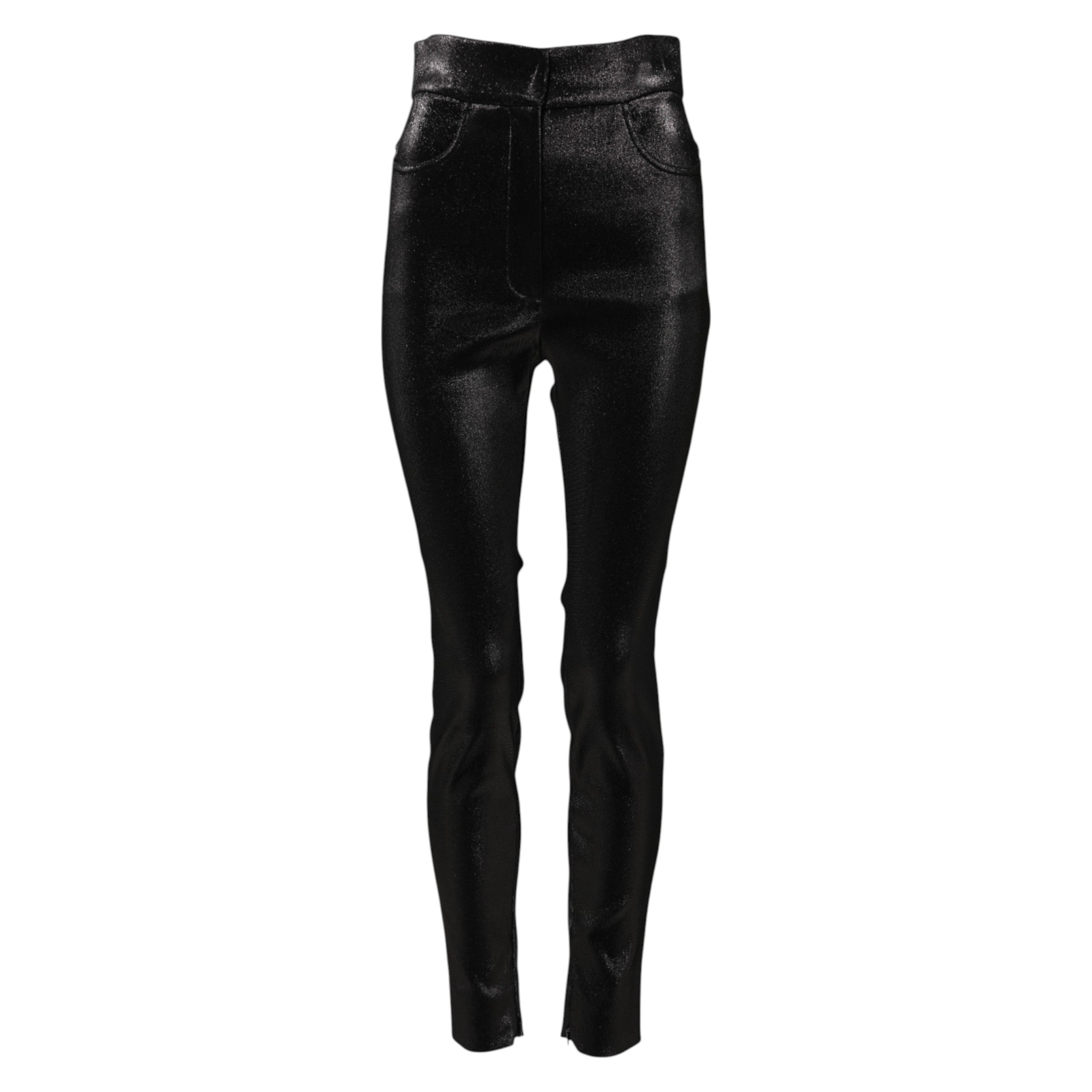 Pantalons skinny en coton stretch noir avec fil lurex de Dolce & Gabbana, détail élégant et texture brillante visible.