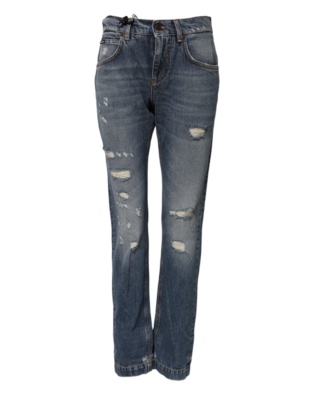 Jeans boyfriend en coton bleu Dolce & Gabbana avec déchirures et style décontracté, visibles en gros plan.