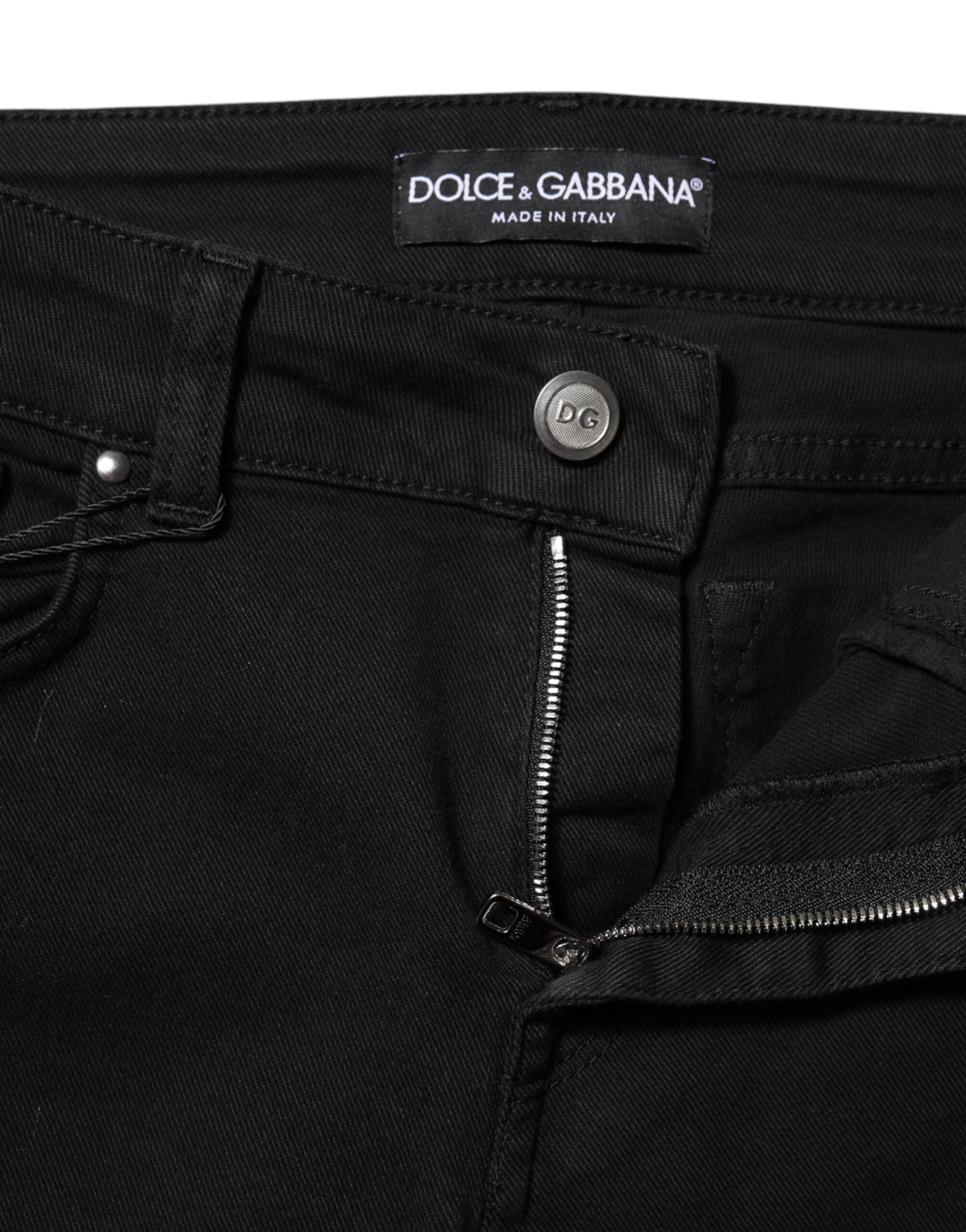 Jeans slim en coton noir Dolce & Gabbana, coupe skinny, taille mi-haute, denim élégant et tendance.