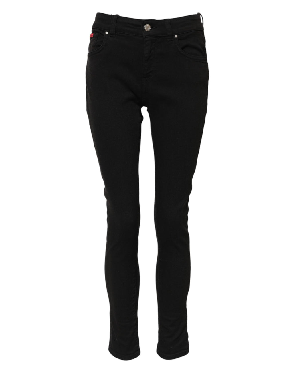 Jeans slim en coton noir Dolce & Gabbana avec logo, taille mi-hauteur, coupe skinny, visible en détail sur l'image.