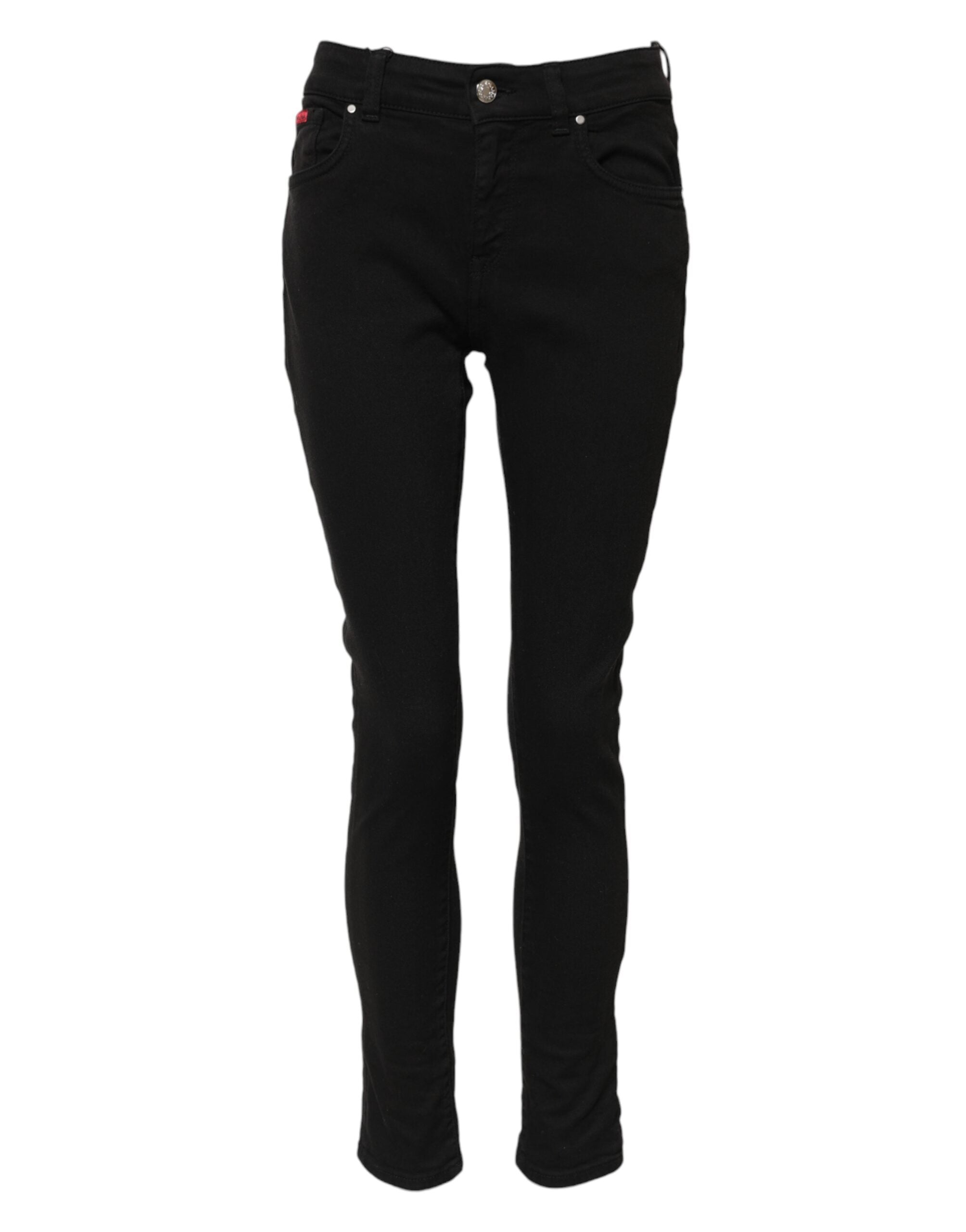 Jeans slim en coton noir Dolce & Gabbana avec logo, taille mi-haute, finition denim, visible sur une silhouette.