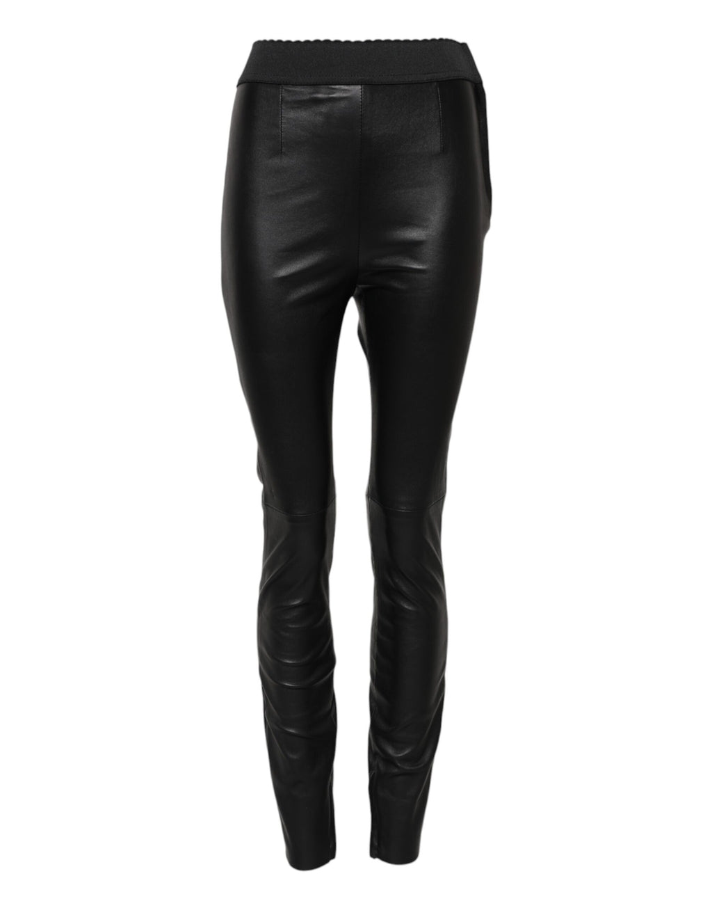 Pantalons en cuir noir de Dolce & Gabbana avec taille élastique, style élégant et moderne, vue de face sur un fond neutre.
