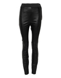 Pantalons en cuir noir de Dolce & Gabbana avec taille élastique, style élégant et moderne, vue de face sur un fond neutre.