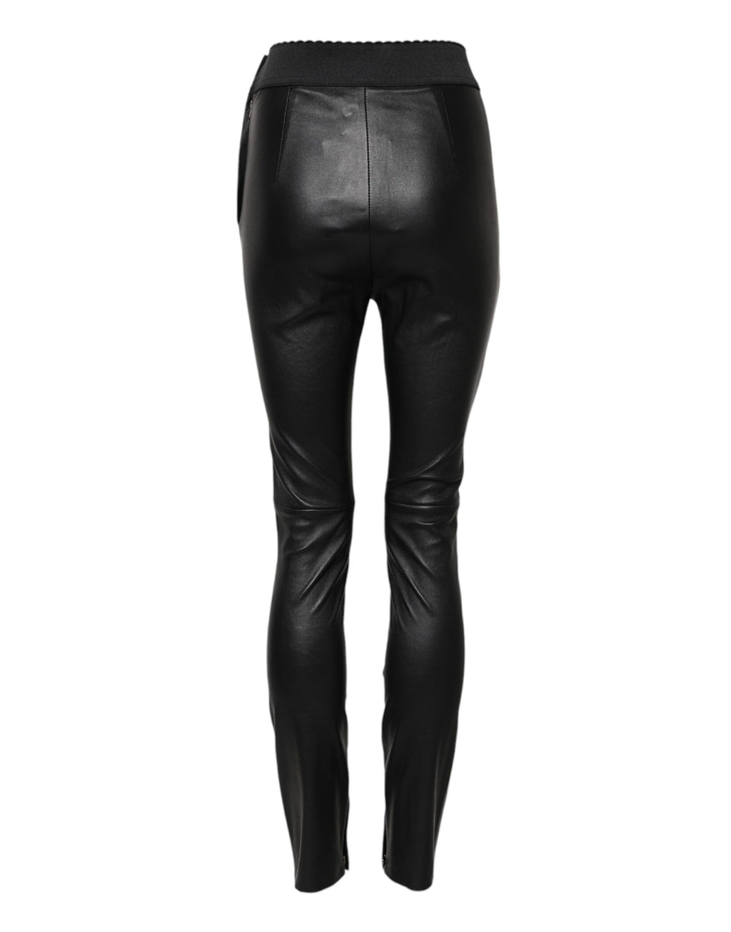 Pantalons en cuir noir avec taille élastique de Dolce & Gabbana, vue de face, détails du tissu et du design élégant.