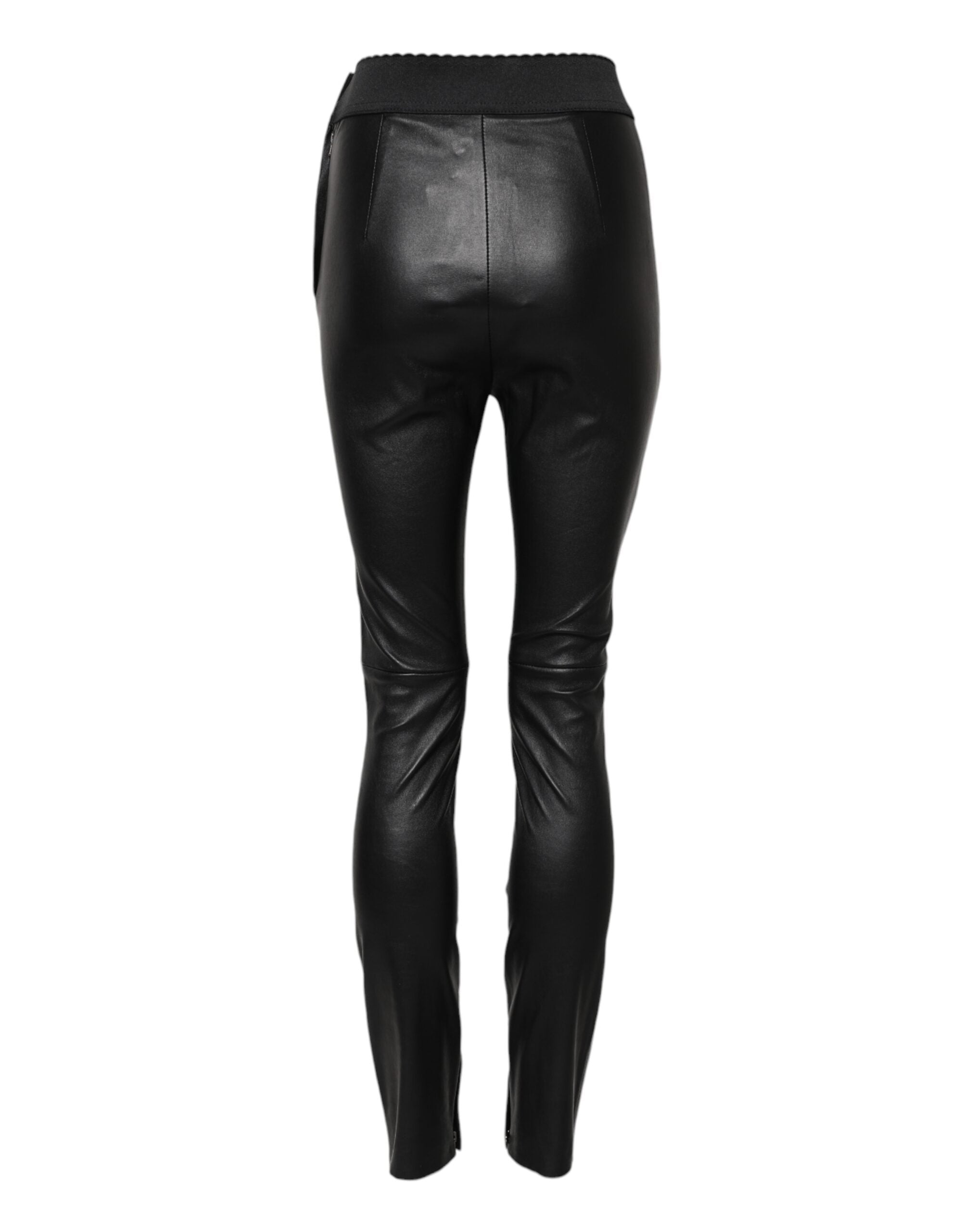 Pantalons en cuir noir avec taille élastique de Dolce & Gabbana, vue de face, détails du tissu et du design élégant.