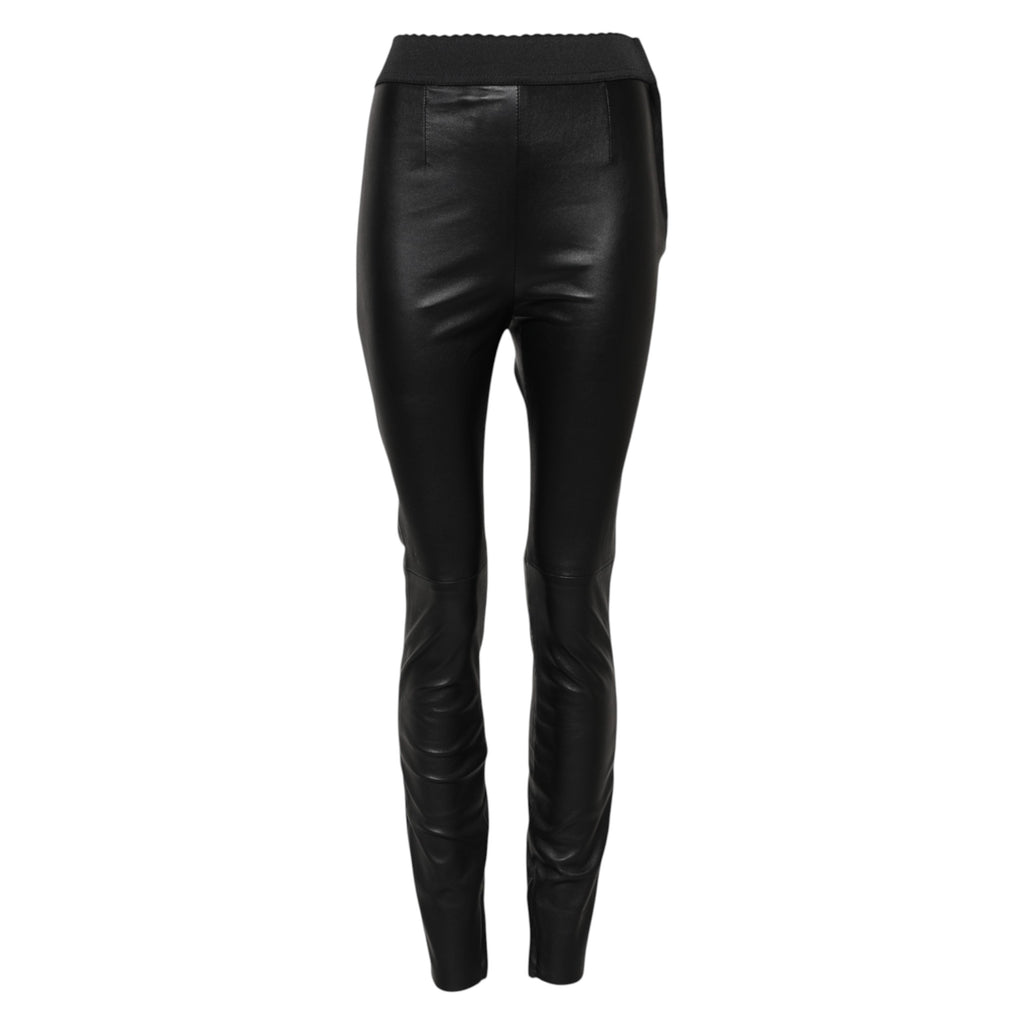 Pantalons en cuir noir Dolce & Gabbana avec taille élastique, coupe élégante et détails sophistiqués visibles sur l'image.