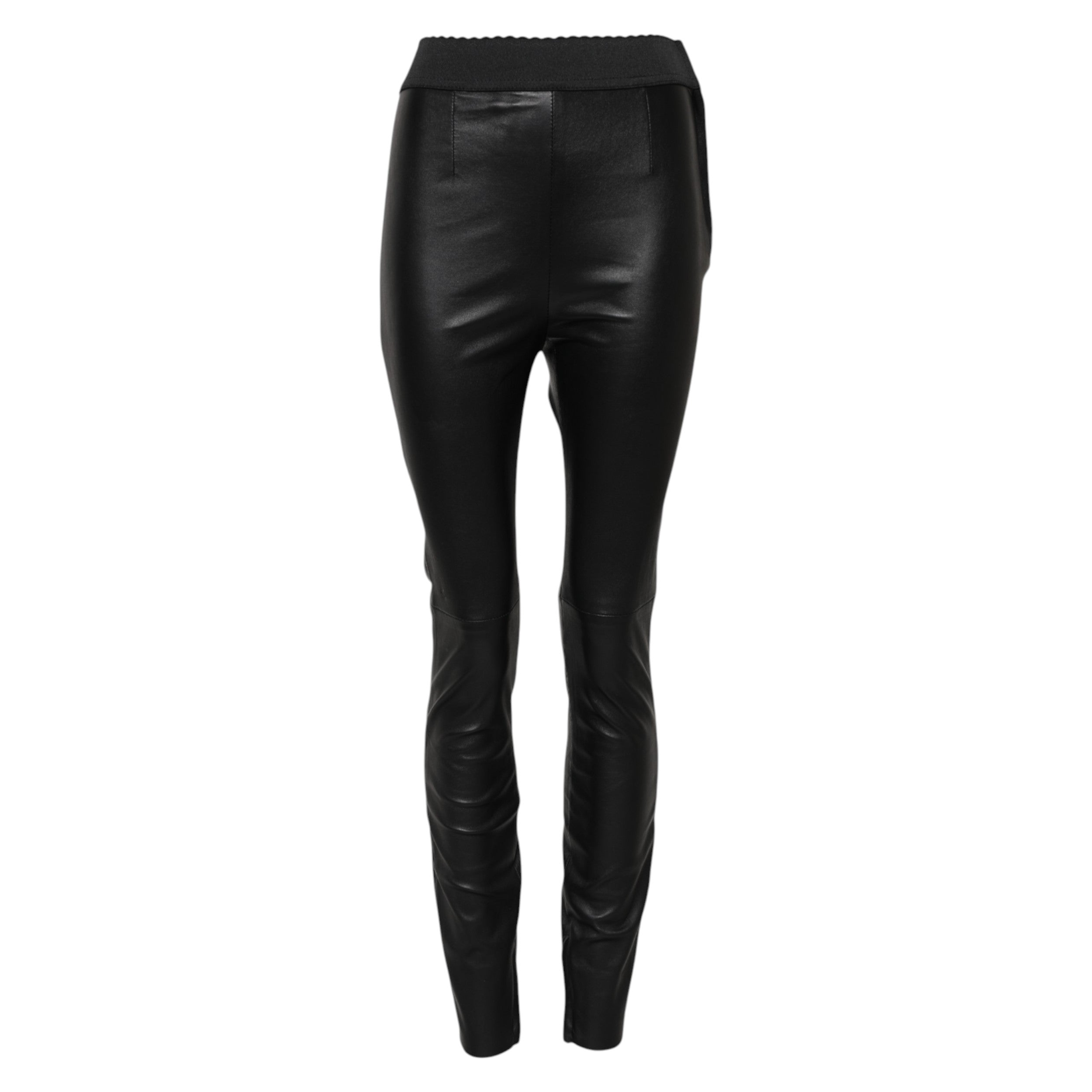 Pantalons en cuir noir Dolce & Gabbana avec taille élastique, coupe élégante et détails sophistiqués visibles sur l'image.