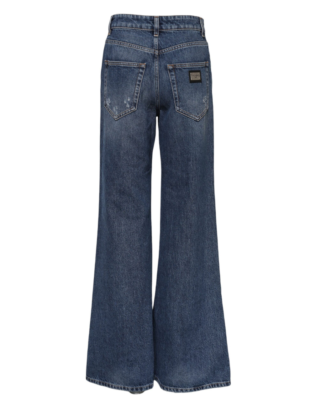 Jeans en denim bleu Dolce & Gabbana, coupe large, avec ourlets déchirés et détails usés, style décontracté et tendance.