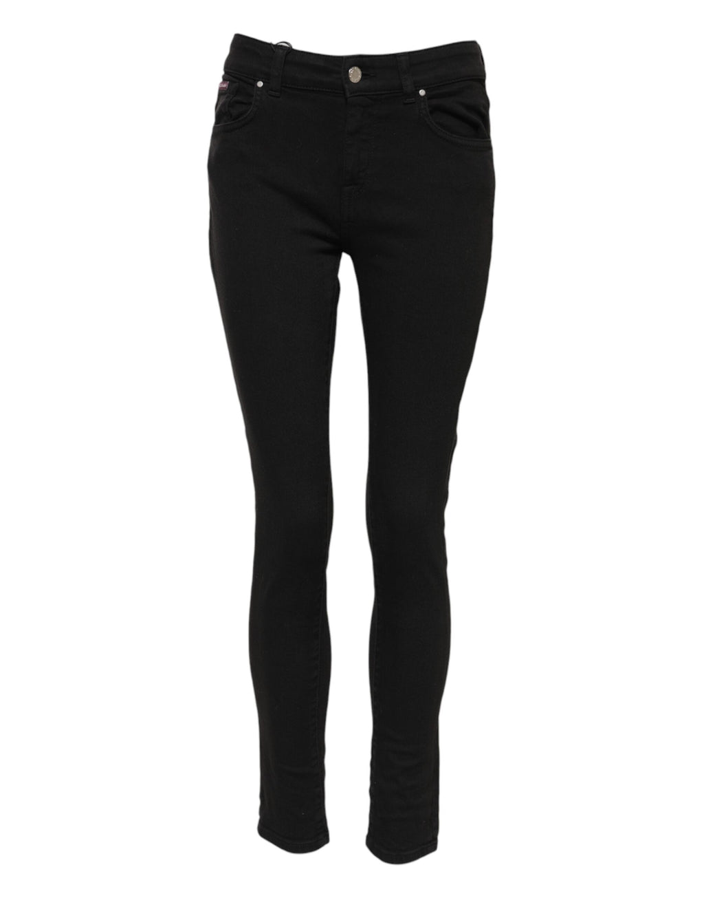 Jeans slim en coton noir Dolce & Gabbana avec logo, taille mi-haute, coupe ajustée, visibles sur le mannequin.