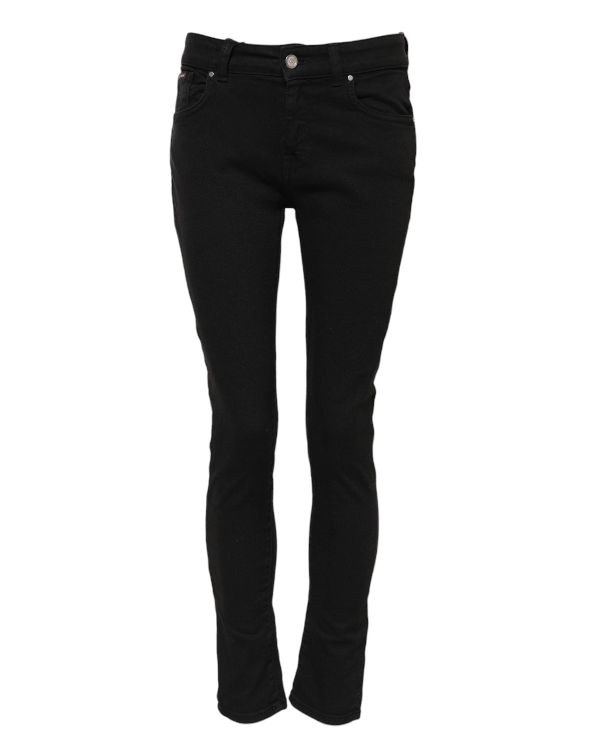 Jeans skinny noirs en coton Dolce & Gabbana avec logo, taille mi-haute, détails en denim et coupe ajustée.