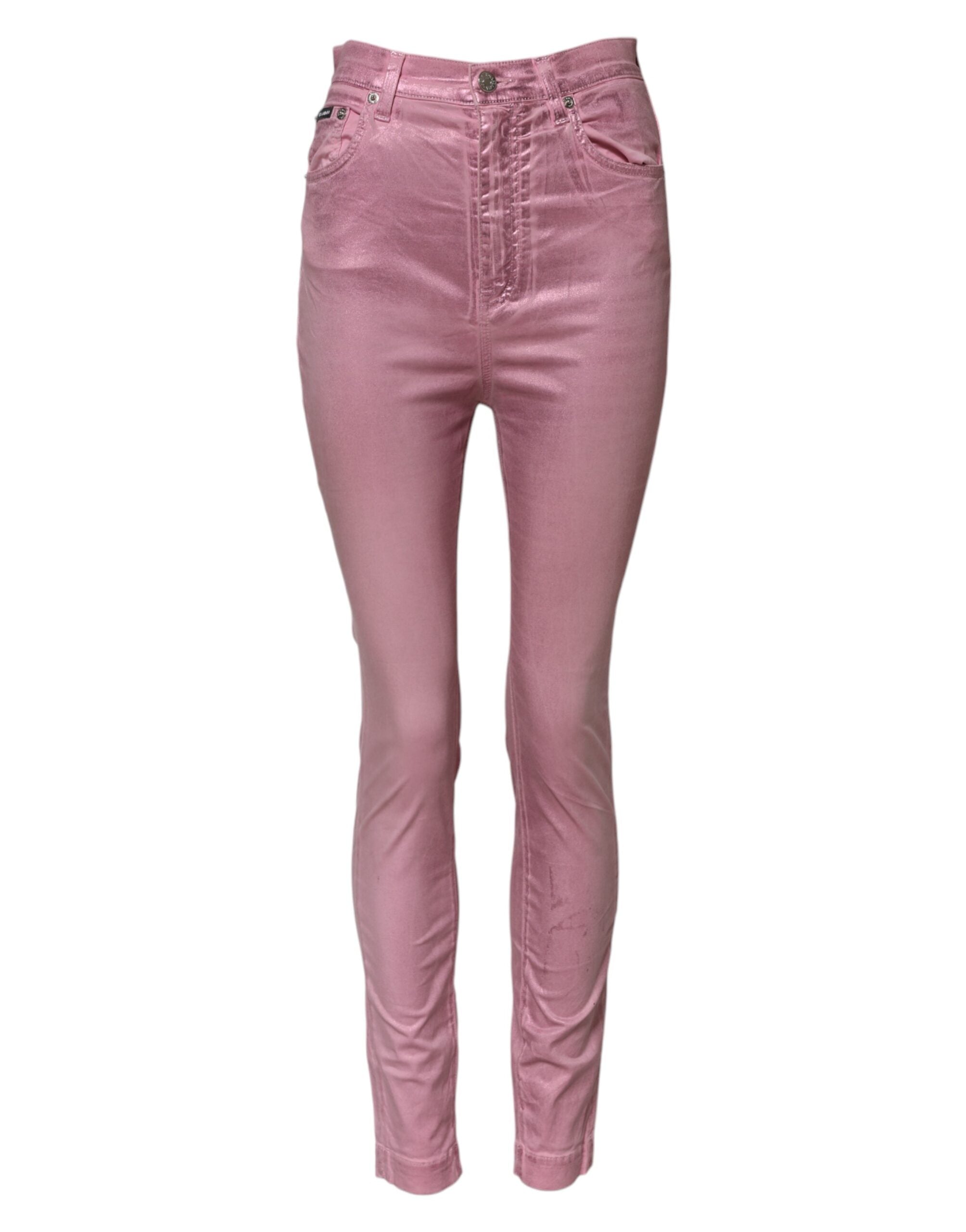 Jeans skinny taille haute rose Dolce & Gabbana Grace en denim, vue de face, avec détails de couture et fermeture éclair.
