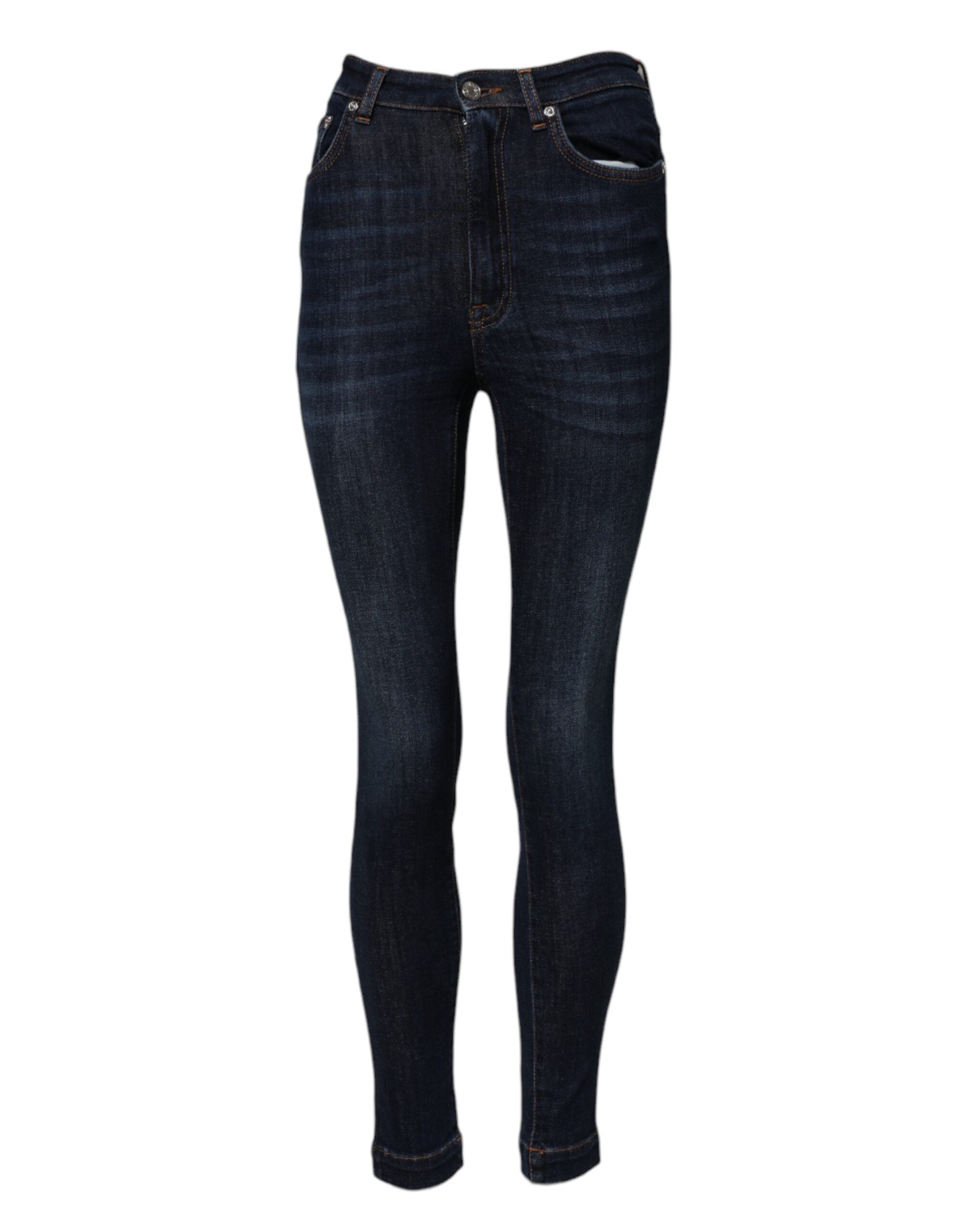 Jeans skinny taille haute bleu Dolce & Gabbana Grace, coupe ajustée, denim de haute qualité, visible sur la mannequin.