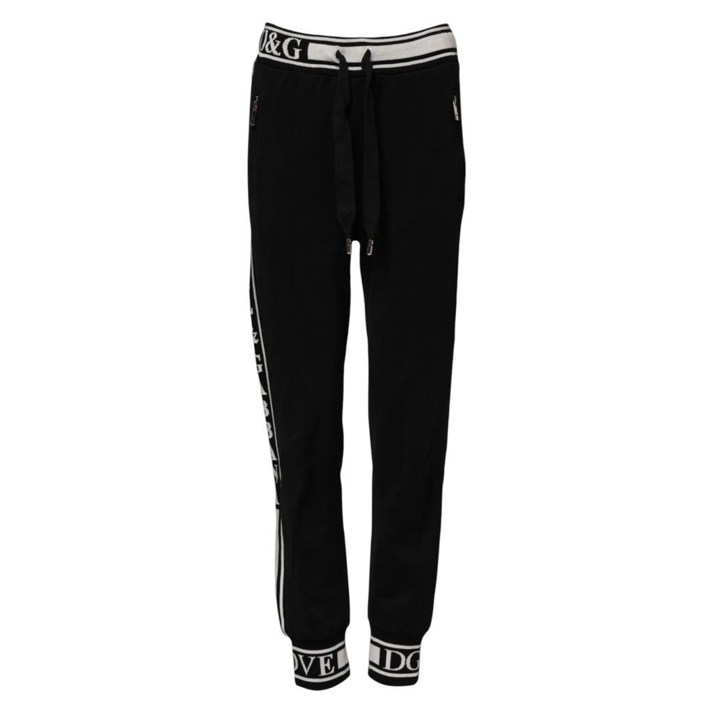 Pantalon jogger noir en coton Dolce & Gabbana avec logo à la taille, vue de face, décontracté et confortable.