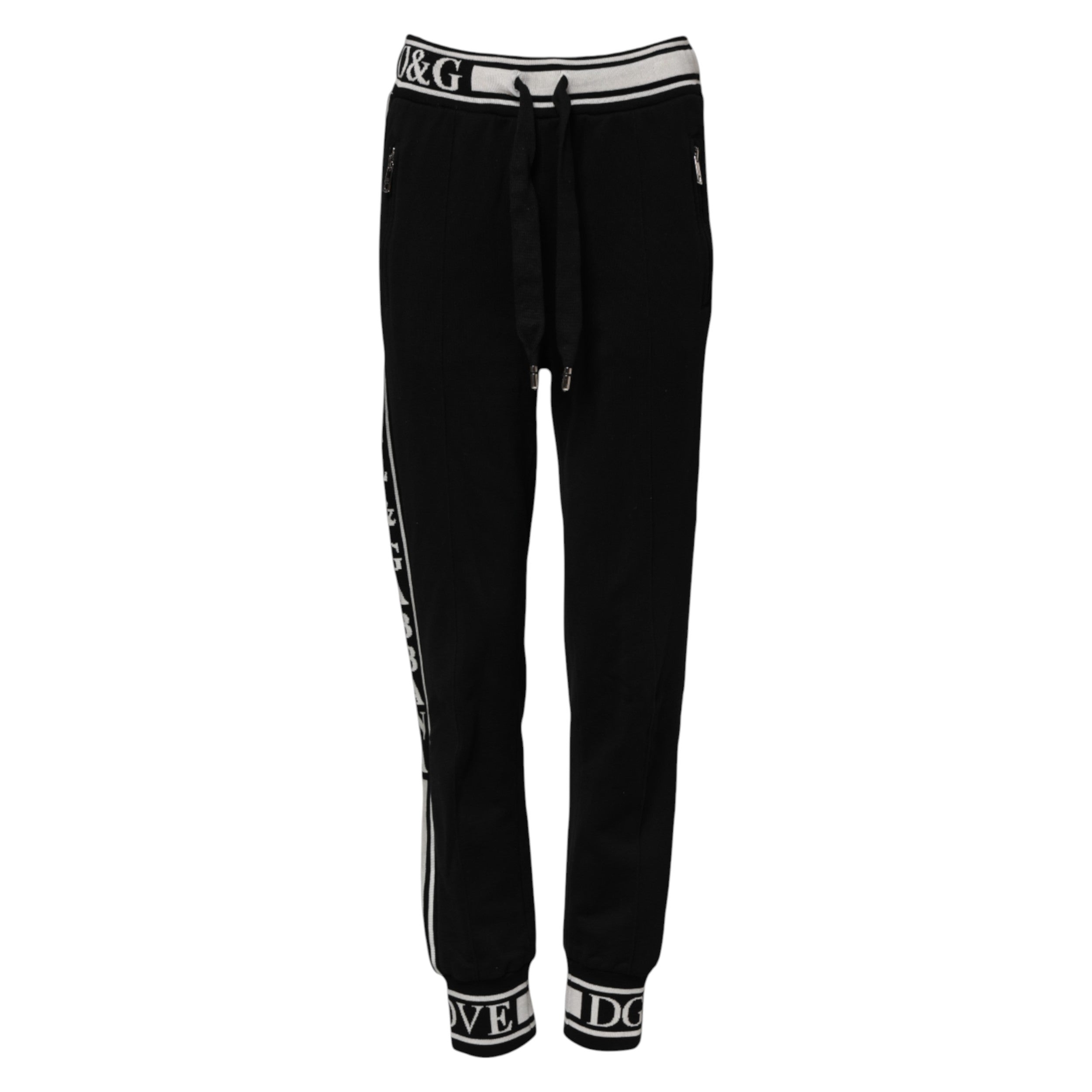 Pantalon jogger noir en coton Dolce & Gabbana avec logo à la taille, vue de face, décontracté et confortable.