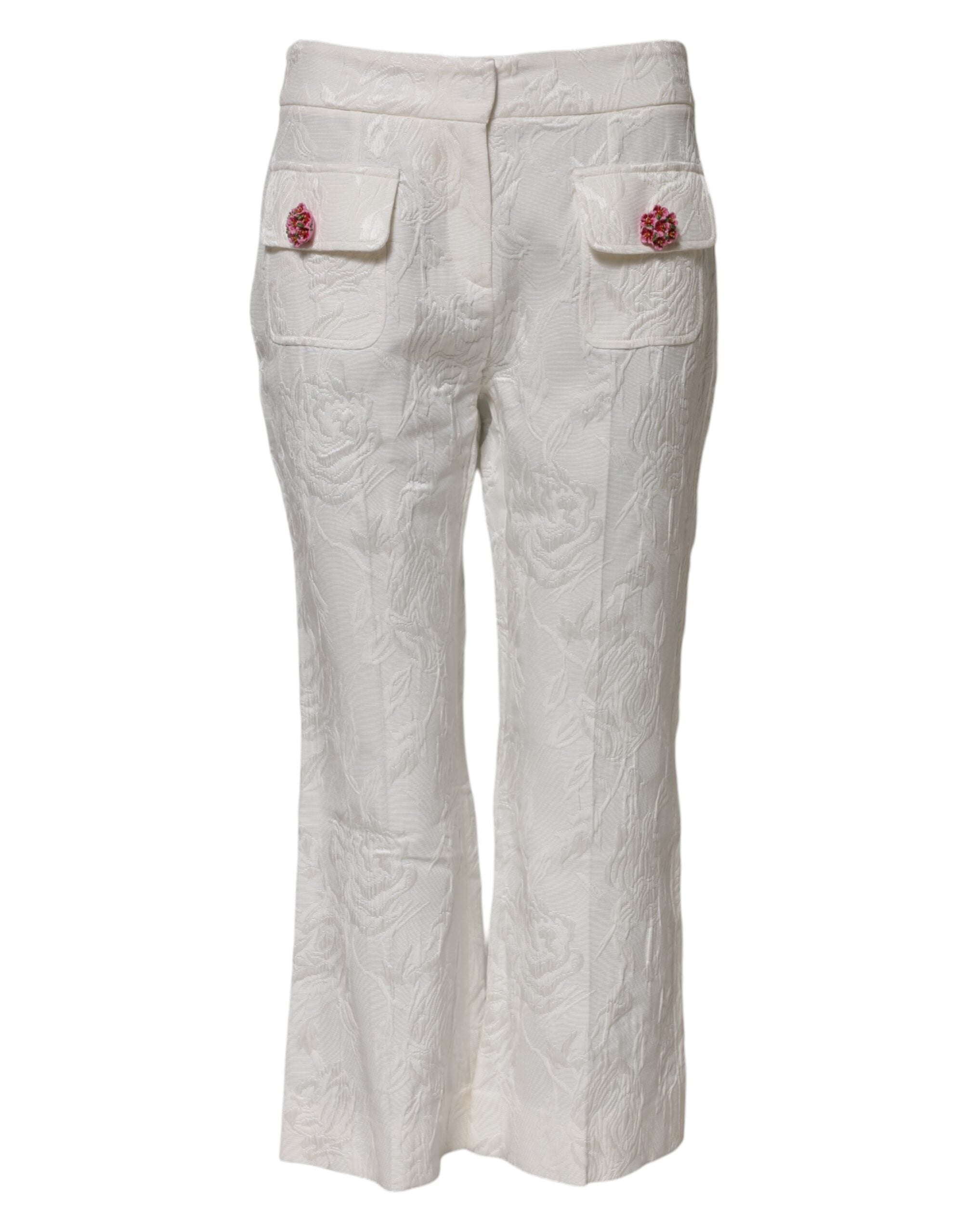 Pantalons en coton blanc à jacquard floral Dolce & Gabbana, élégants et confortables, avec motif floral sophistiqué.