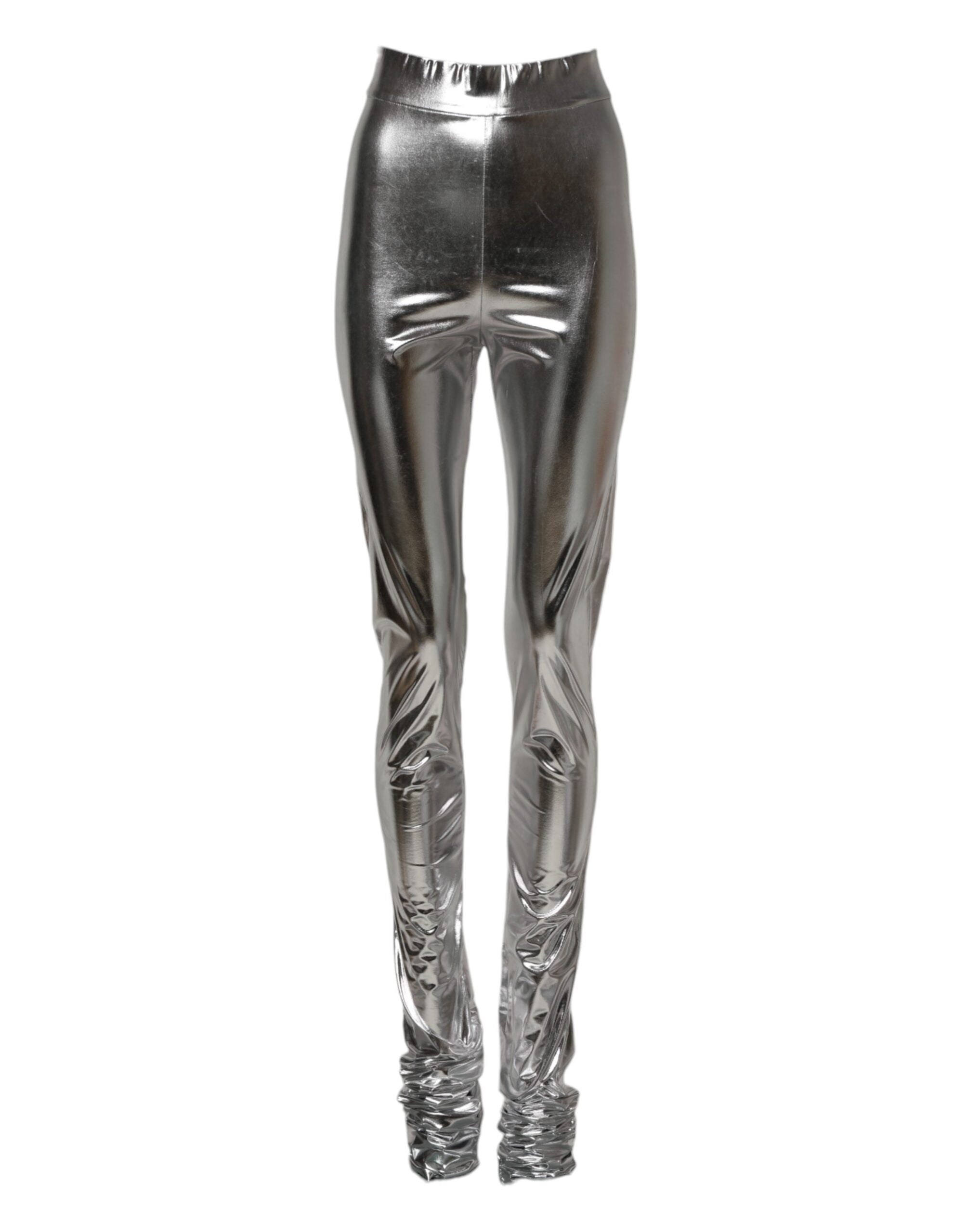 Pantalons slim en polyester argenté brillant de Dolce & Gabbana, coupe ajustée et élégante.