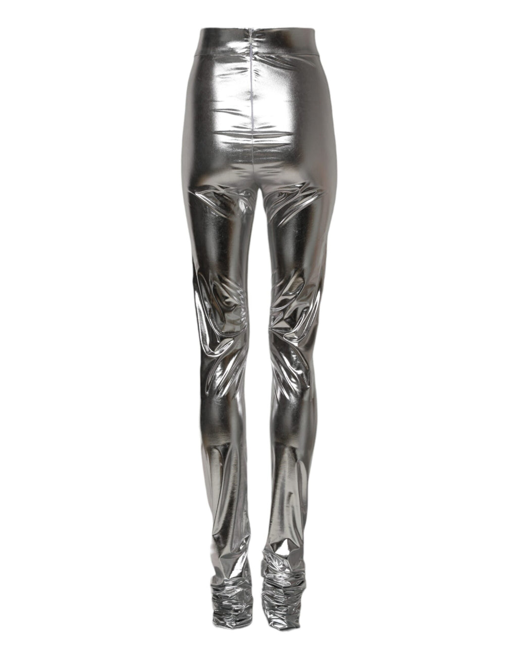 Leggings slim en polyester argenté métallisé de Dolce & Gabbana, ajustés et élégants, visibles en image.